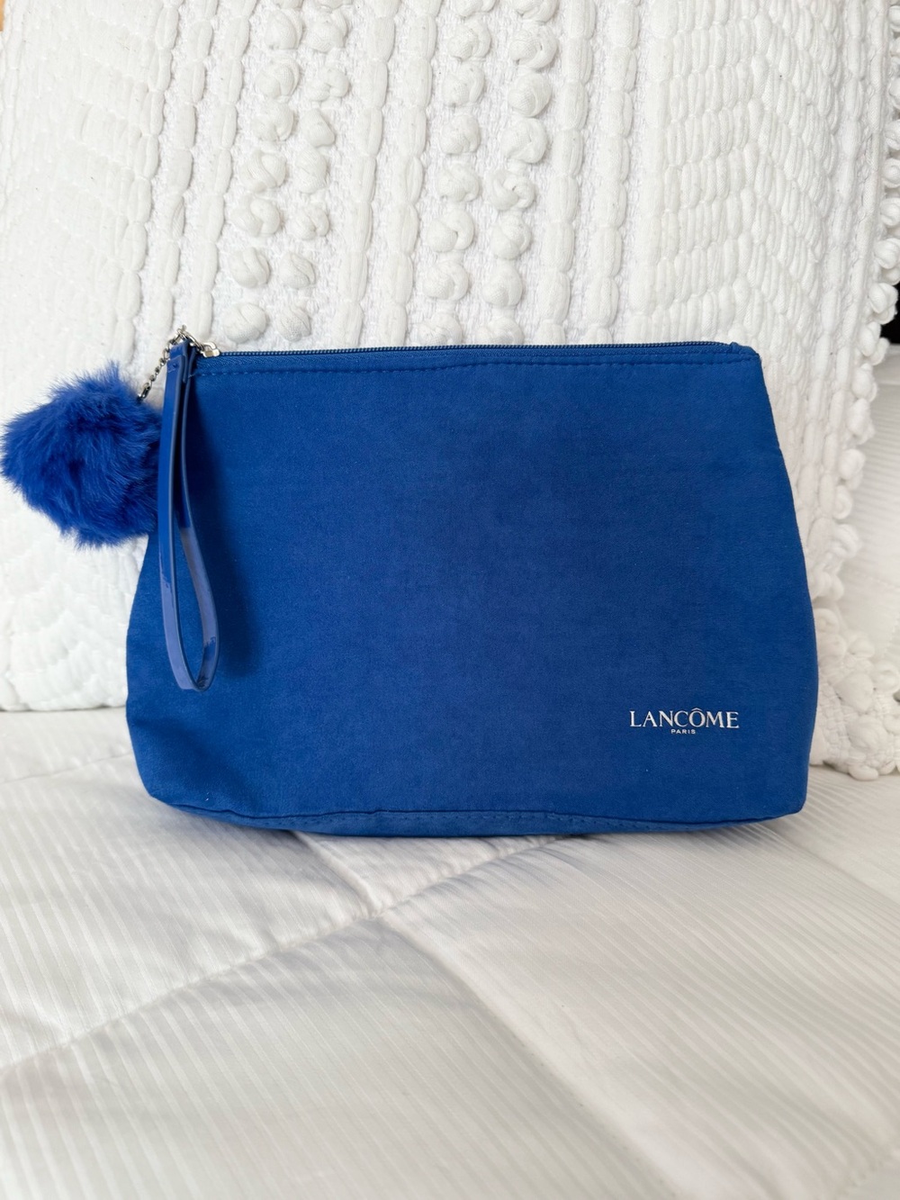Lancome cosmetics makeup bag blue faux suede removable pom pom